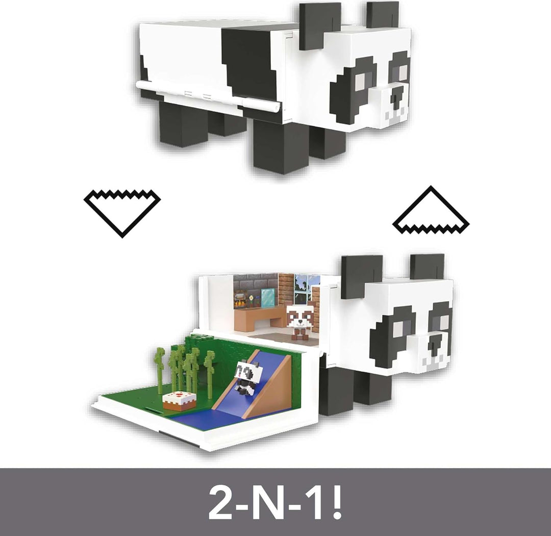 MINECRAFT Mob Head Minis Panda Spielhaus Spielset - 2-etagiges Haus, 2 Panda-Figuren, Wasserrutsche,