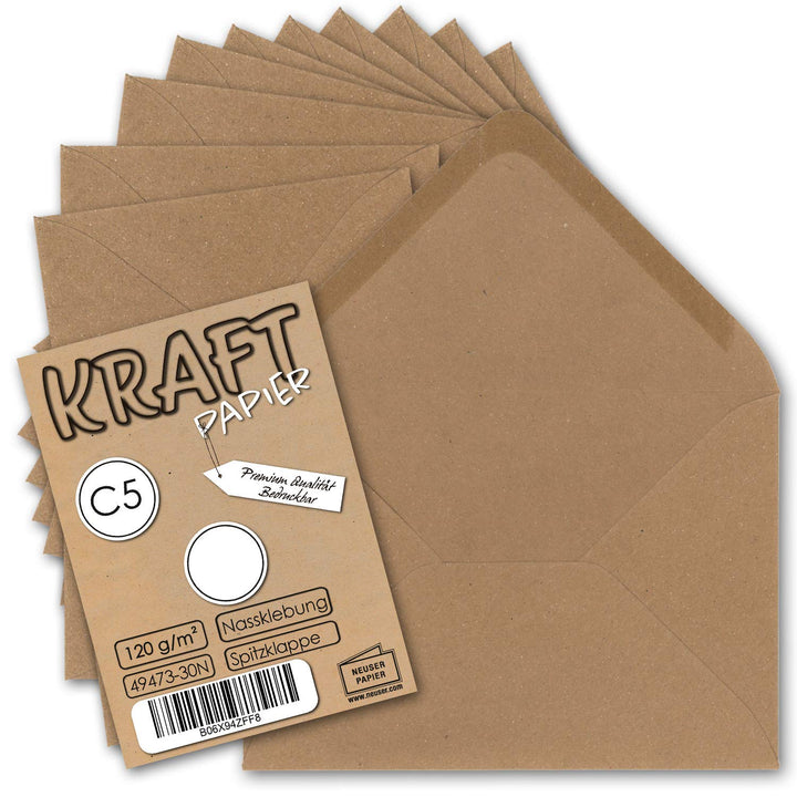 200x Vintage Brief-Umschläge DIN C5 Kraftpapier 120 g/m² - 157 x 225 mm - braun Recycling - Nasskleb
