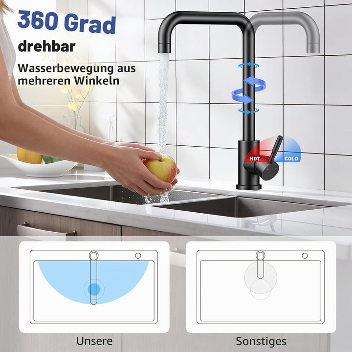 Wasserhahn Küche,Küchenarmatur mit 360°Drehbar, Hochdruck Küchenarmatur Edelstahl Armatur Küche L Fö