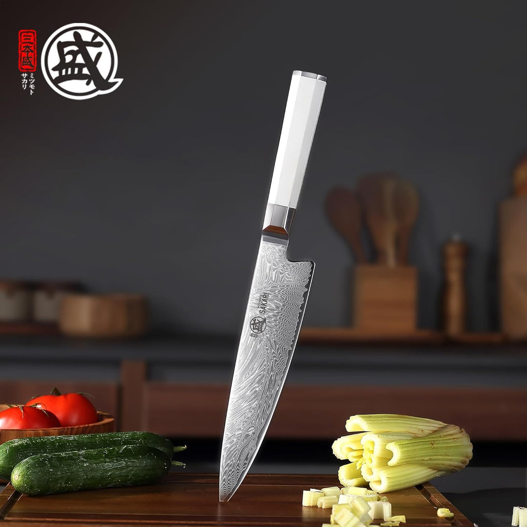 MITSUMOTO SAKARI Japanisches Damast-Küchenmesser, 8 Zoll Klinge aus Extrem Scharfem VG-Pro Stahl, Pr