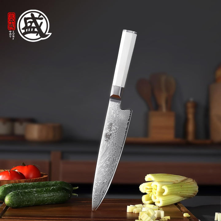 MITSUMOTO SAKARI Japanisches Damast-Küchenmesser, 8 Zoll Klinge aus Extrem Scharfem VG-Pro Stahl, Pr