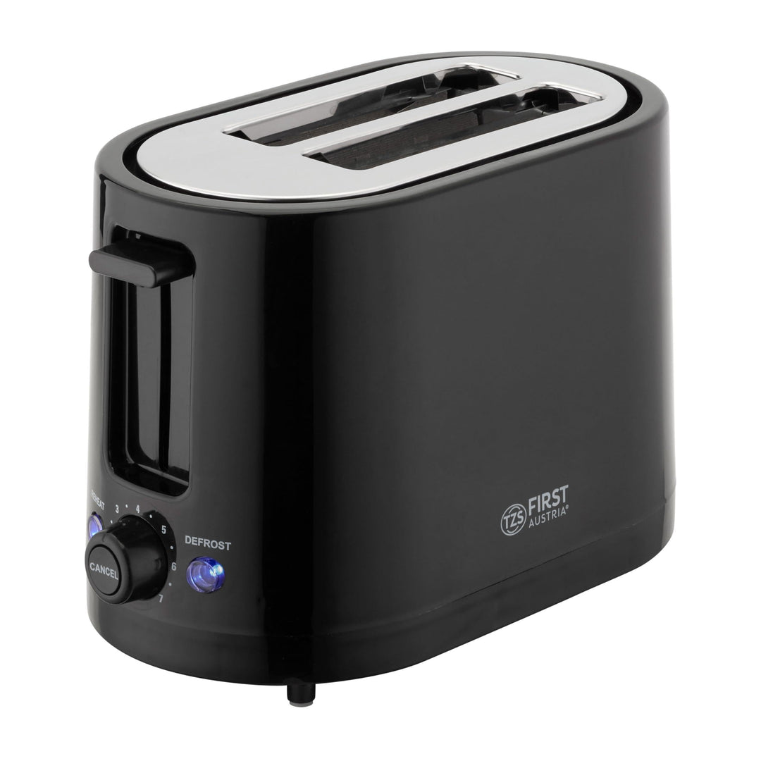 TZS First Austria Doppel Kurzschlitz Toaster, 2 Scheiben, schwarz, 750W, 7 Stufen, Warmhalte- und Au