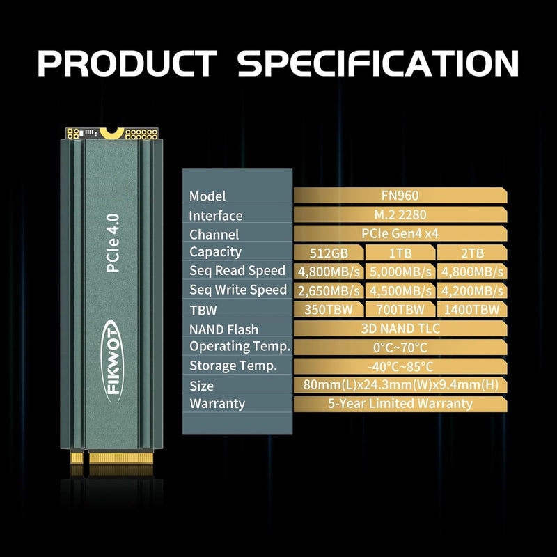 Fikwot FN960 512GB M.2 2280 PCIe Gen4 x4 NVMe 1.4 Internes Solid State Drive mit Kühlkörper – Bis zu