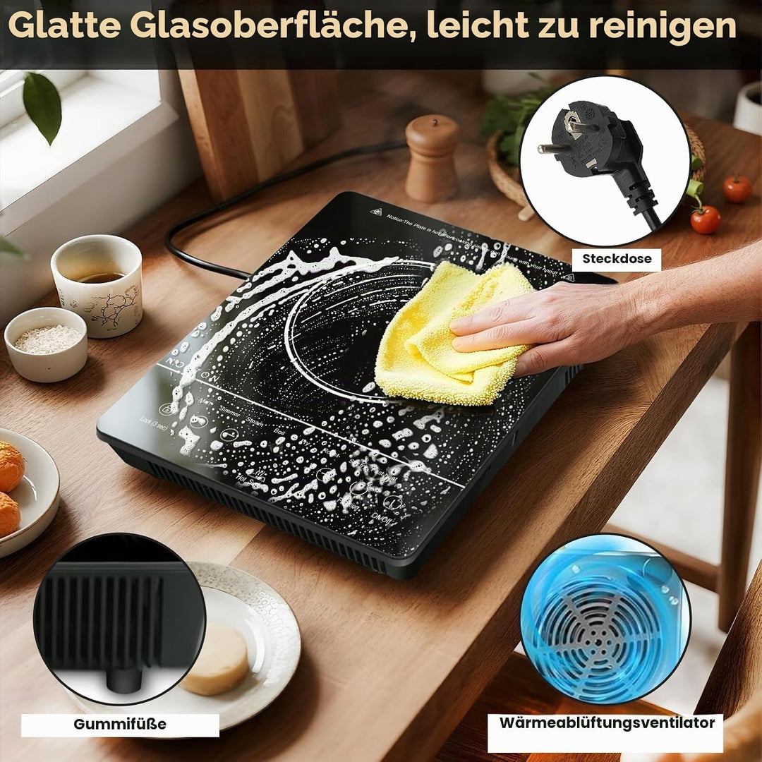 NOXTON Induktionskochfeld 60 cm mit Weisse Gläser und blaues Bedienfeld, Induktionsfeld Flexzonen 3