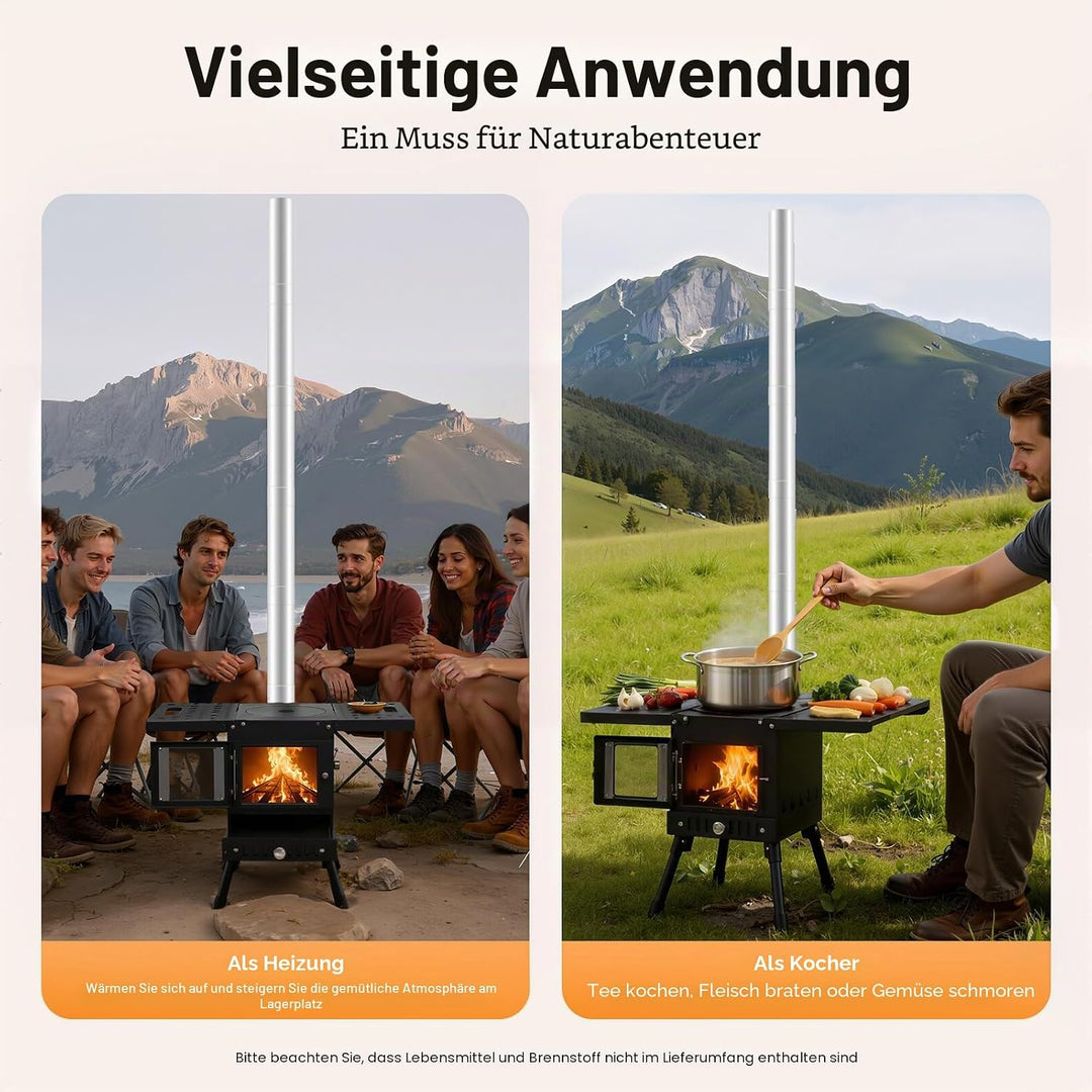 Klappbarer Holzofen Camping mit Schornstein, Höhenverstellbar 36-56cm Tragbarer Zeltkocher für Outdo