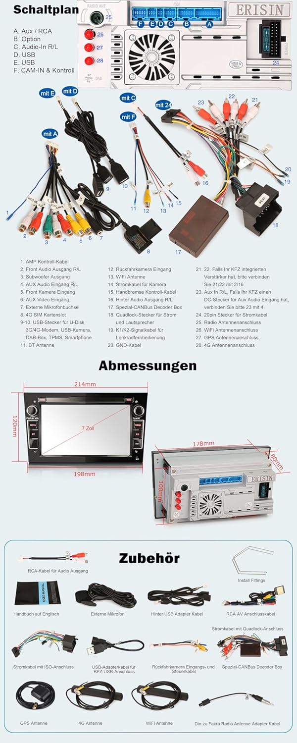 Erisin 8-Kern 4GB+64GB Android 12 Autoradio Bluetooth GPS Navi für Opel Antara Astra H Corsa C/D Mer