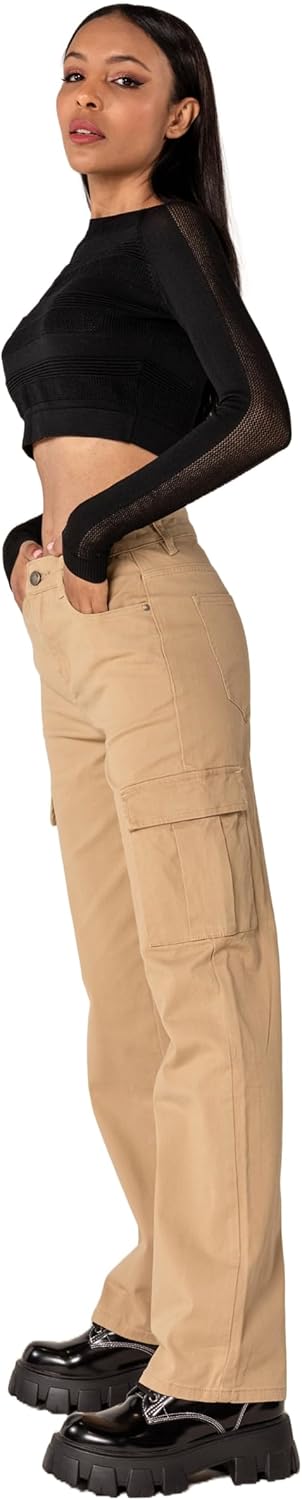 Nina Carter Q1885 Damen Cargo Jeans High Waist Cargohose Stretch Straight Leg Hose S Beige (Q1885),