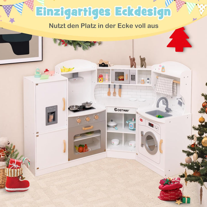 COSTWAY Eck Spielküche, Kinderküche mit Licht & Sound, Kinderspielküche mit Spüle, Eismaschine, Back