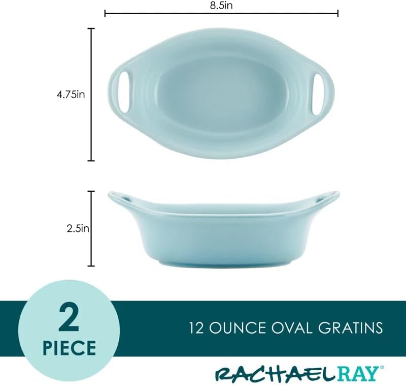 Rachael Ray Solid Glaze Ceramics Au Gratin Bakeware/Baker Set, Oval - 2 Piece, Gray 2 Piece grau, 2