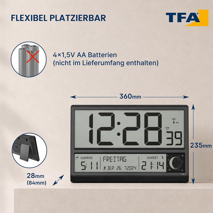 TFA Dostmann Digitale XL Funk Wanduhr, 60.4524.01, mit Sonnenauf- und -untergang, Weckalarm, grosse