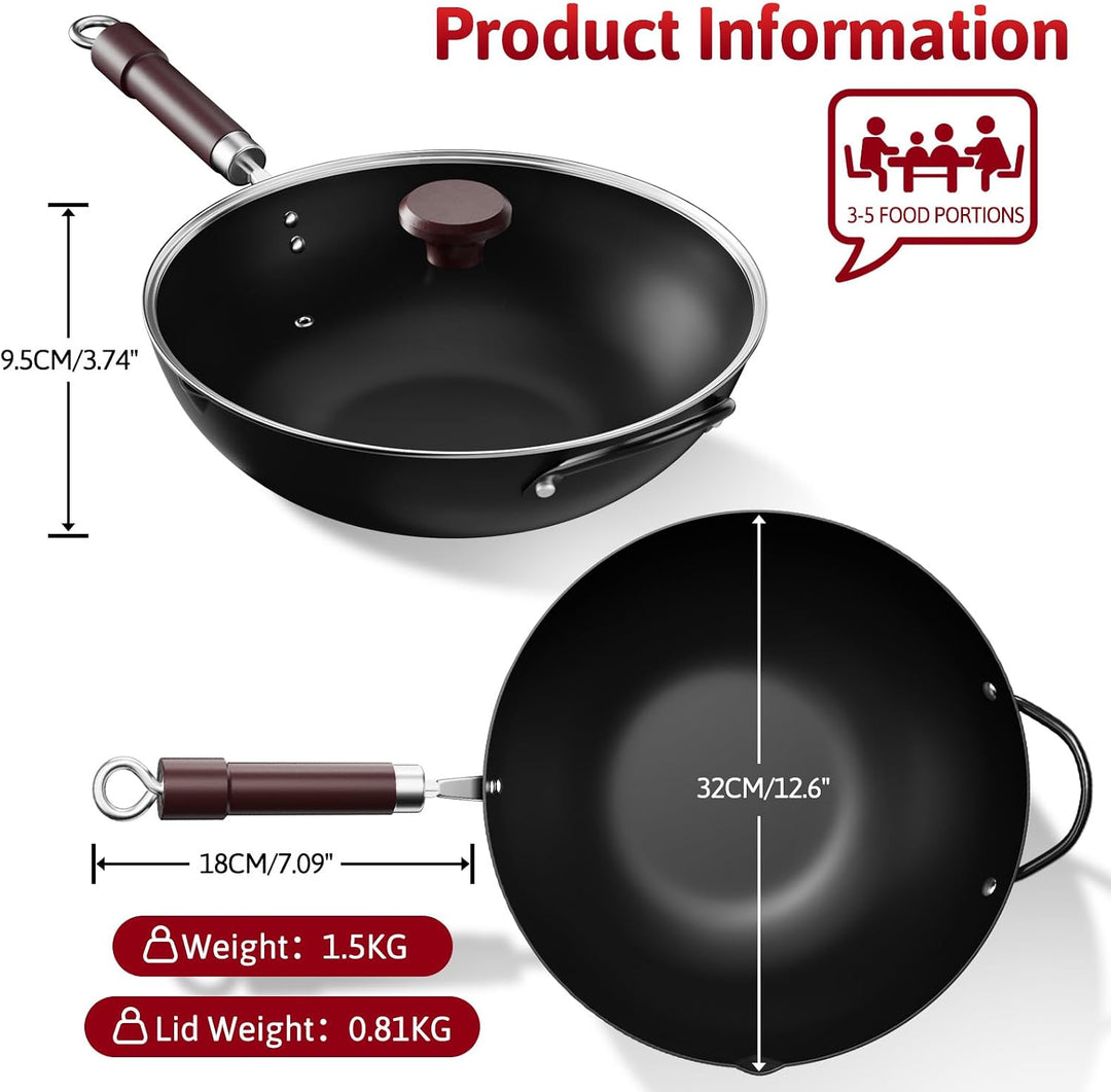 Jobin 32cm Wokpfanne aus Kohlenstoffstahl mit Deckel, Griff aus Holz und Stahl und zum Kochen von As