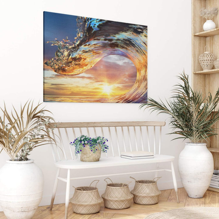PICANOVA – Bild auf Leinwand Wellen-Sonnenuntergang 100x75cm – Leinwandbild – Premium Leinwanddruck