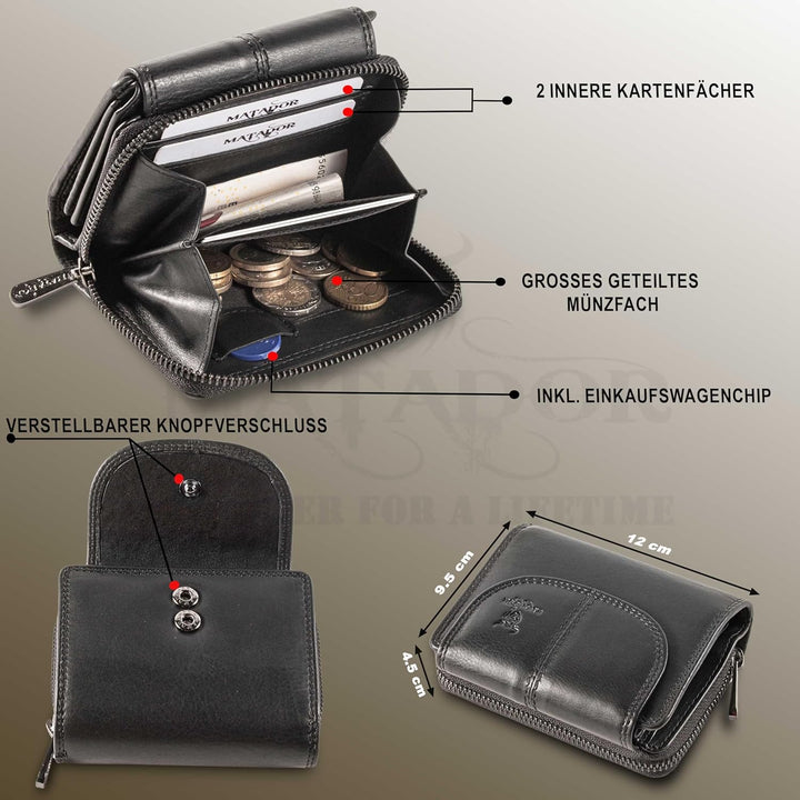 MATADOR Echt Leder Damen Geldbörse TüV Geprüfter RFID/NFC Schutz Brieftasche Frauen Kompakt Grösse P