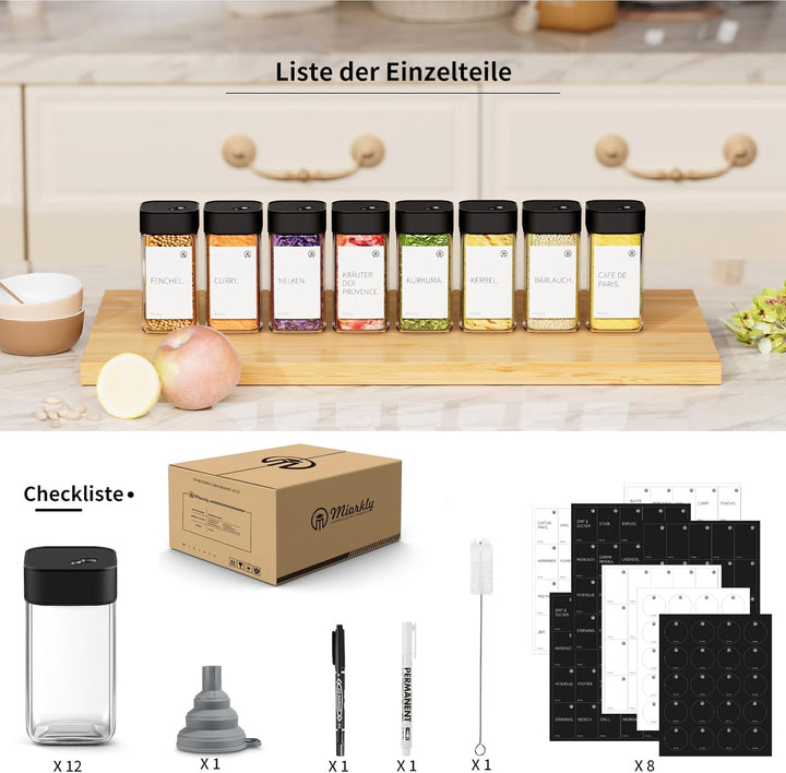 Miorkly Gewürzgläser Eckig - 12er Set mit Schwarz Edelstahl Drehdeckel,120ML Gewürzstreuer Set mit S