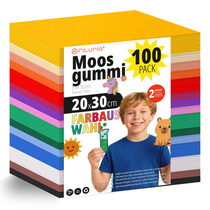OFITURIA 100 Blatt Moosgummi Set, Bunte Farben, Format 20x30 cm – Ideal für Bastelprojekte, DIY, Sch