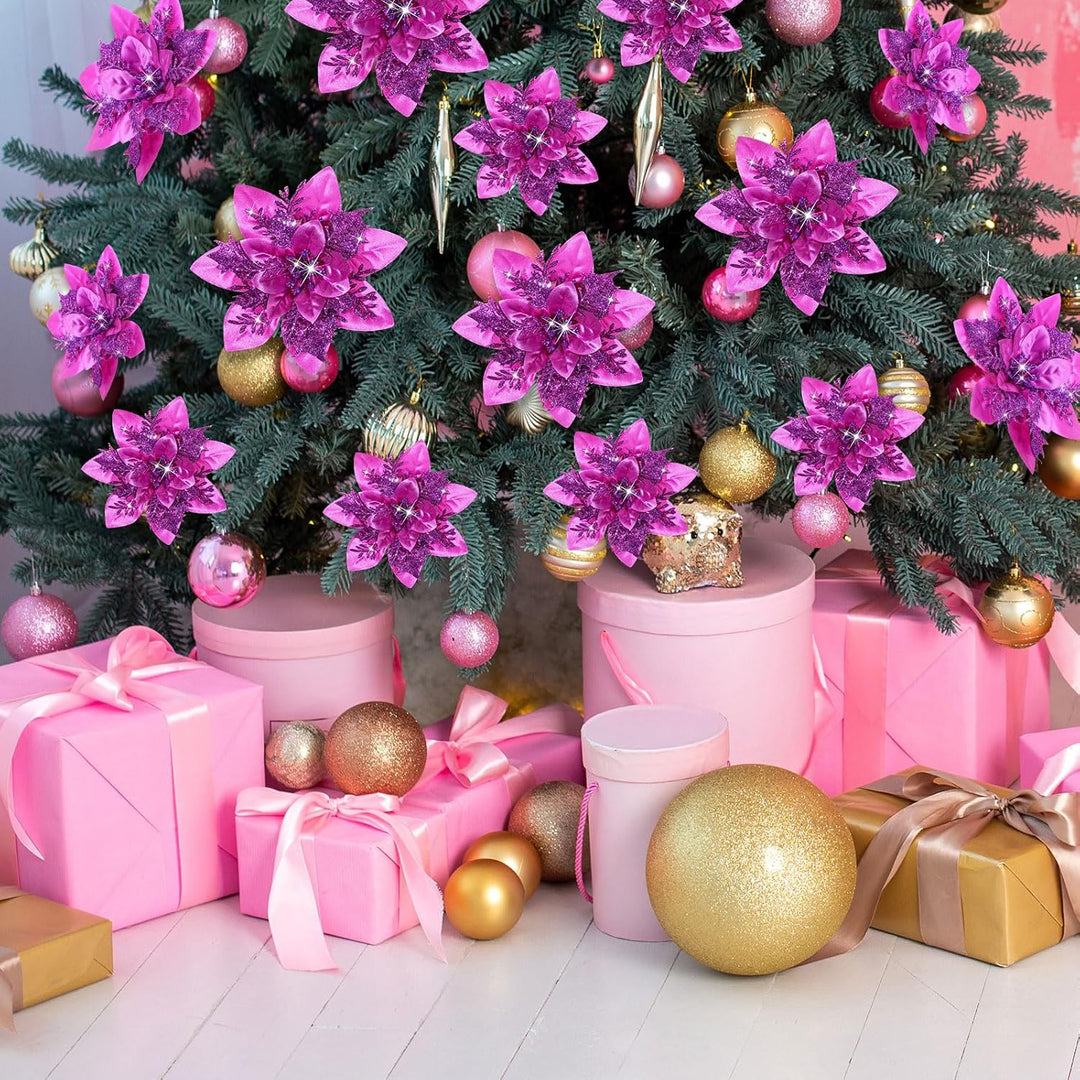 24 Weihnachten Künstliche Glitzer Weihnachtsstern Blumen Künstlich Weihnachtsblumen Hochzeit Dekorat