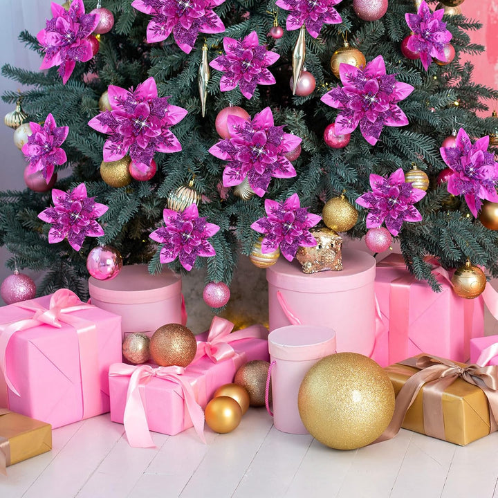 24 Weihnachten Künstliche Glitzer Weihnachtsstern Blumen Künstlich Weihnachtsblumen Hochzeit Dekorat