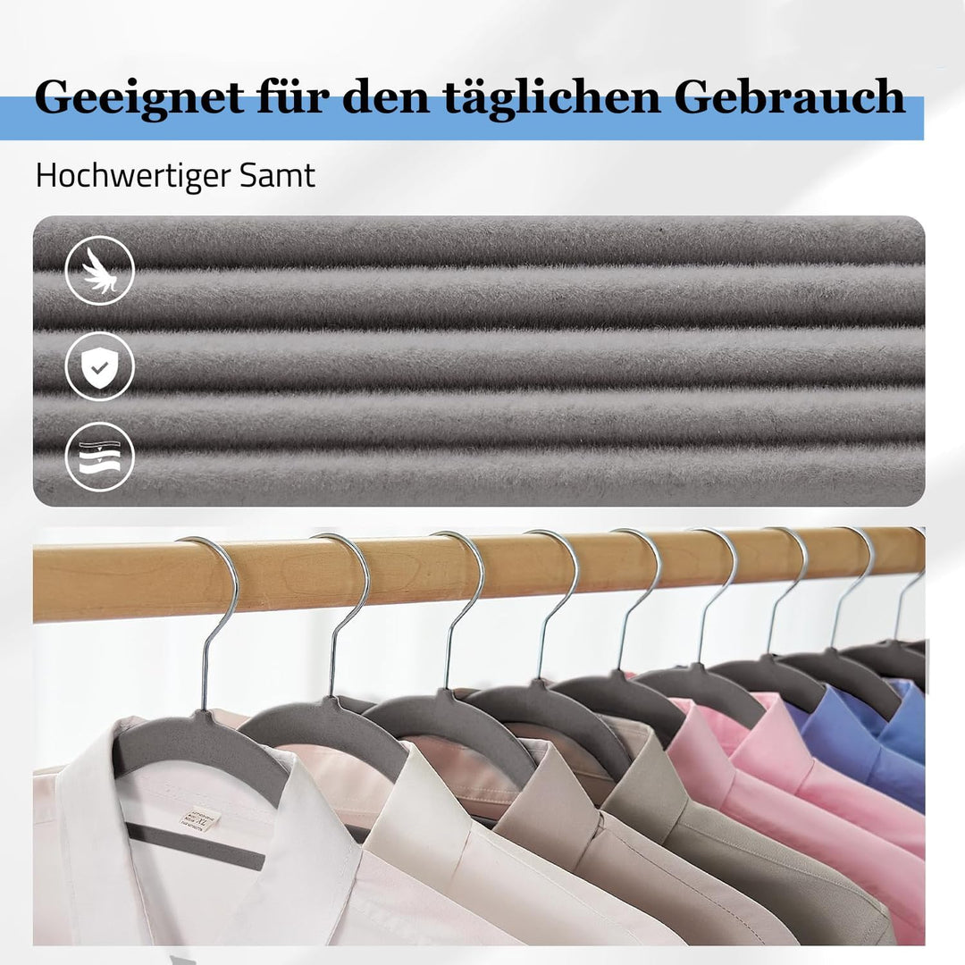 Kleiderbügel Samt 50er Set – Samtbügel grau - rutschfest mit Kunststoffkern, Hosensteg, Kerben & 360