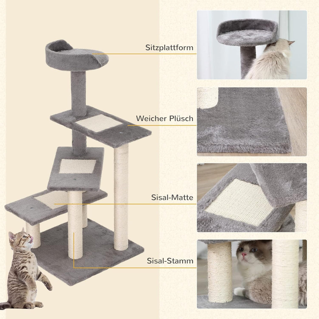 PawHut Kratzbaum 100 cm mit Sisalstämme für kleine Katzen Beige+Grau | Grosse Plattform, Mehrstöckig
