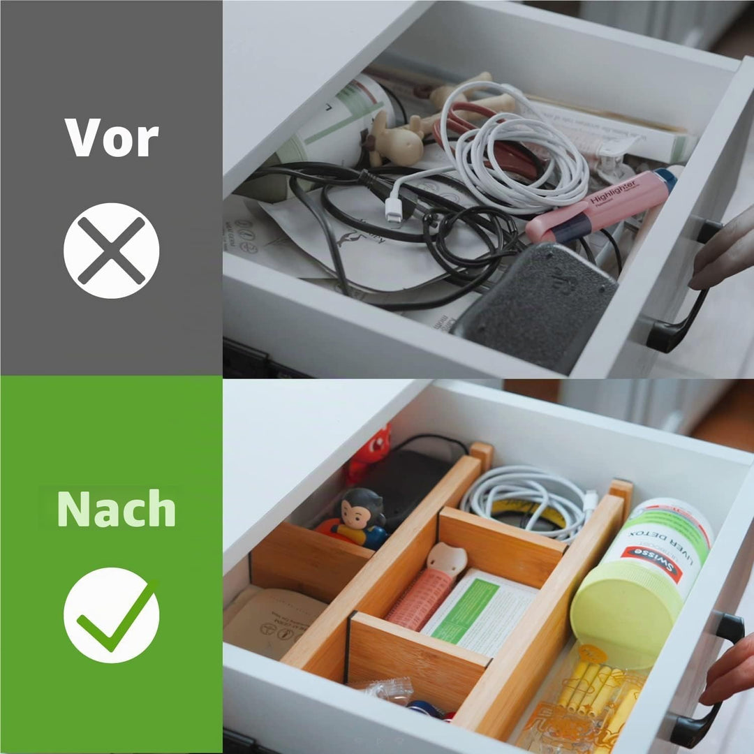 ANTOWIN Schubladentrenner Verstellbar Bambus (43-56 cm), Schubladen organizer, gefedert, Küche, Komm