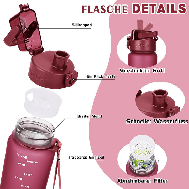 AOPREL Trinkflasche 1l, Wasserflasche BPA-Frei aus Tritan, Sport Trinkflasche Kohlensäure geeignet,