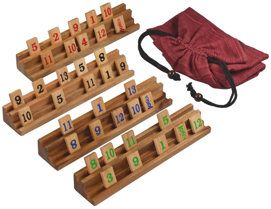 LOGOPLAY Rummy - Gesellschaftsspiel - Legespiel mit 108 Spielsteinen im Stoffbeutel - Halterungen un