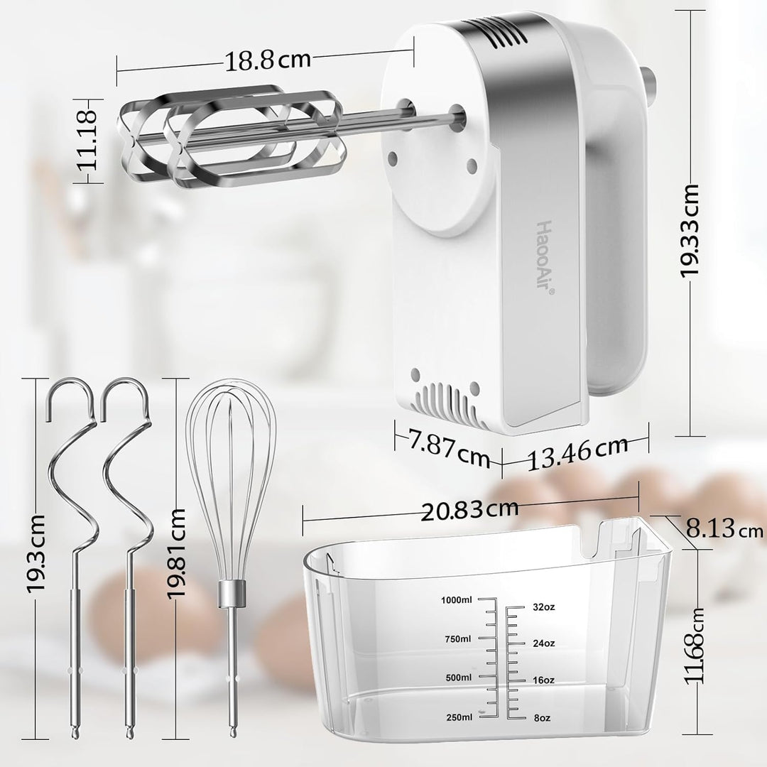 450W Elektro-Handmixer, 5-Gang-Handmixer mit Messbecher-aufbewahrung, 4* Edelstahl-Zubehör, Turbo-Bo