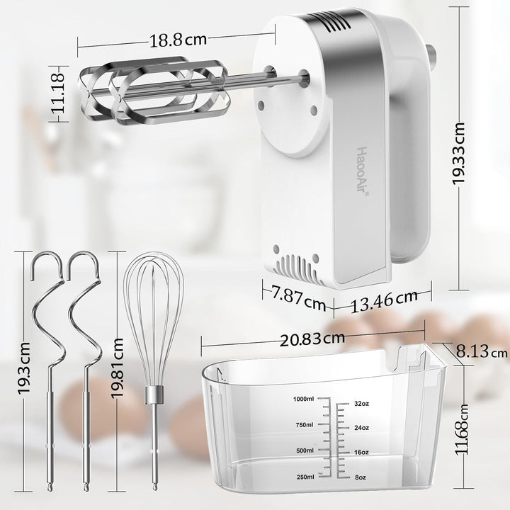450W Elektro-Handmixer, 5-Gang-Handmixer mit Messbecher-aufbewahrung, 4* Edelstahl-Zubehör, Turbo-Bo