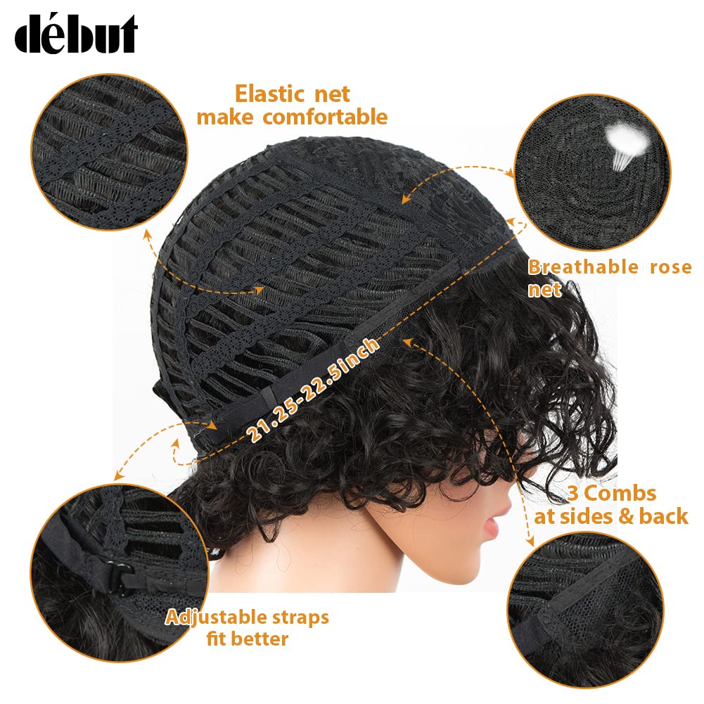 DÉBUT Kurze Bob Perücke mit Air Bangs Kurze lockige gewellte Echthaar Bob Perücke für Damen 25 cm 12