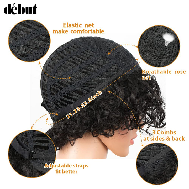 DÉBUT Kurze Bob Perücke mit Air Bangs Kurze lockige gewellte Echthaar Bob Perücke für Damen 25 cm 12