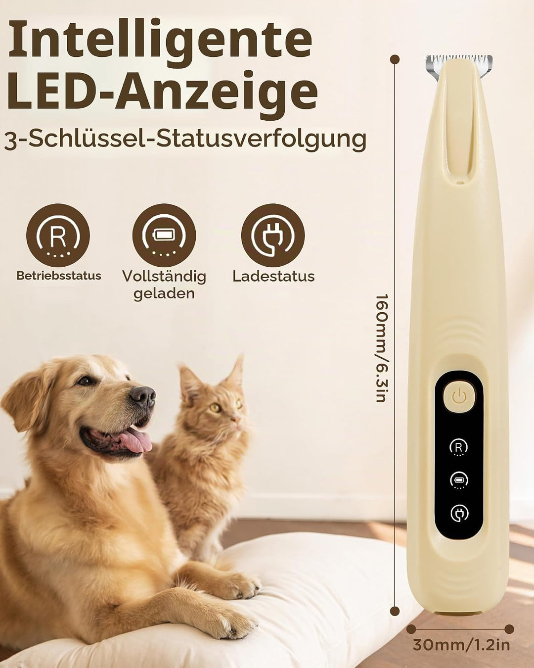 Pro Hundepfoten-Trimmer – 18 mm Klingenaufsatz mit LED-Anzeige, 35 dB leise, vollständig wasserdicht