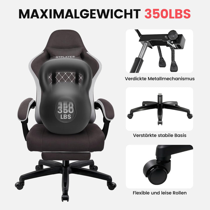 GTPLAYER Gaming Stuhl Stoff, Gaming Sessel mit Taschenfederkissen, ergonomischer Drehstuhl, Gamer St