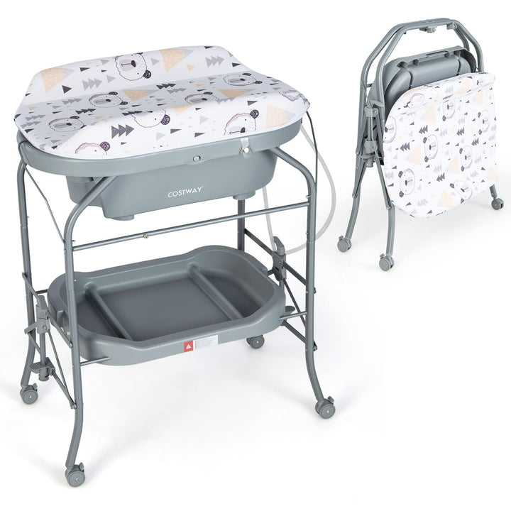 COSTWAY 4 in 1 Wickeltisch mit Badewanne, tragbare Wickelkommode mit PVC-Auflage & Abflussrohre, mob