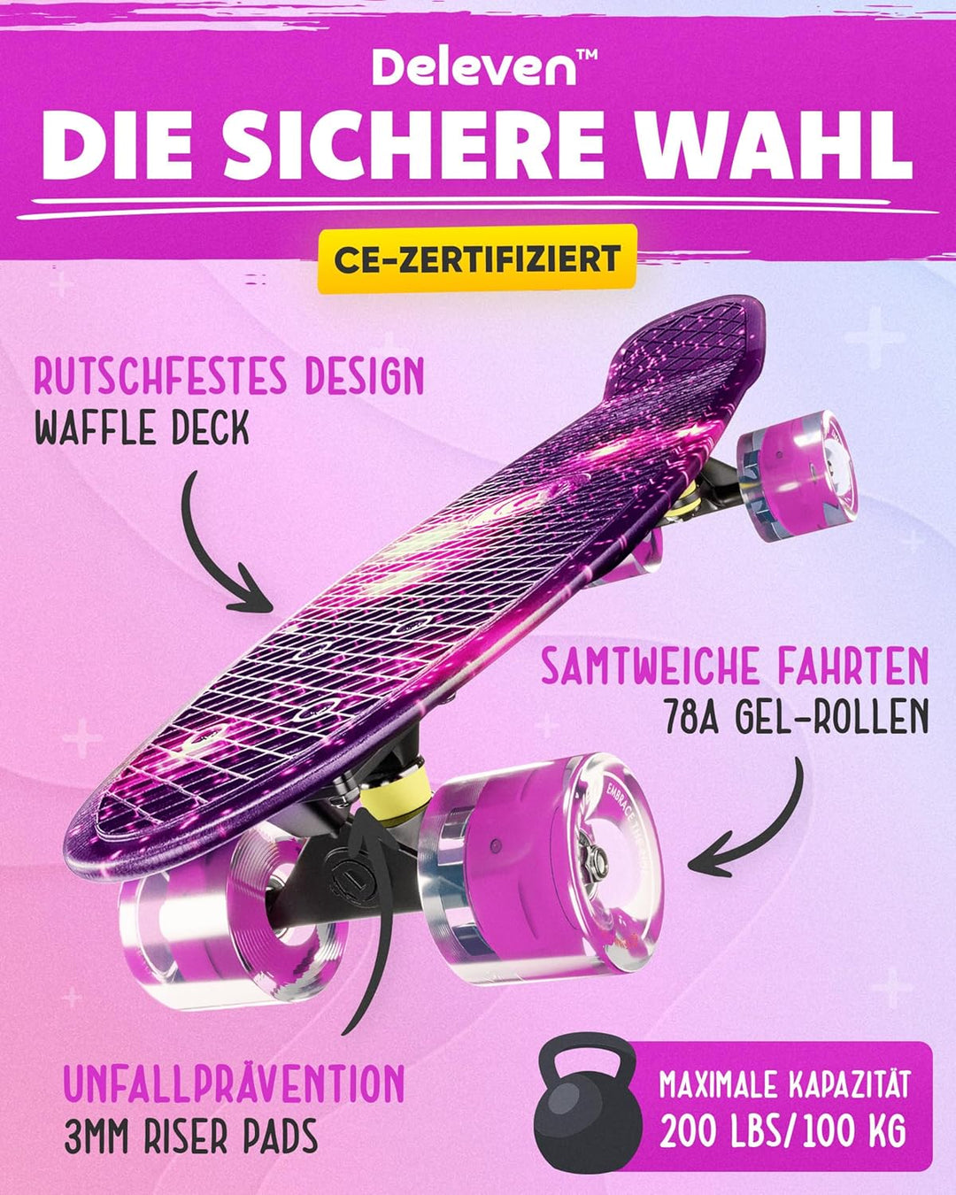 Deleven Skateboard mit LED Rollen, Skate Tool und ABEC 7 Lager - Kinder Erwachsene Anfänger - 56 cm