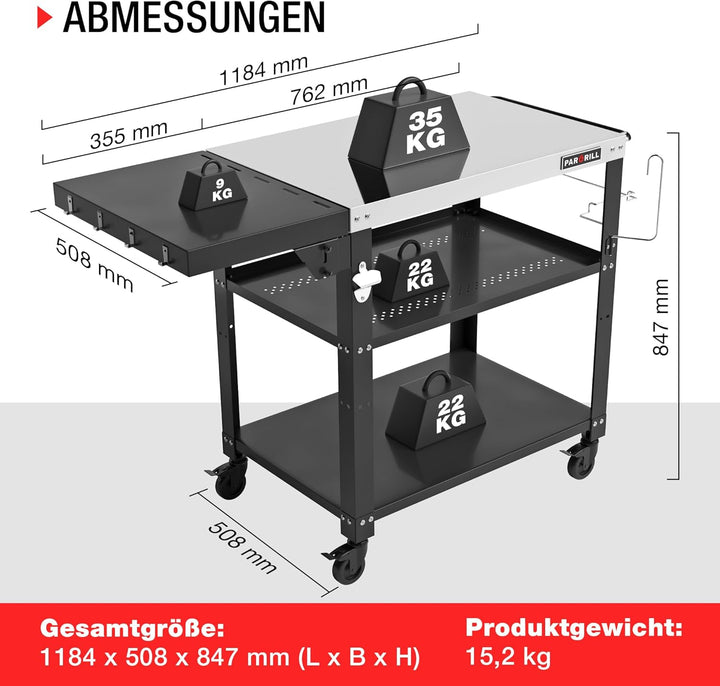 Grillwagen beweglicher Servierwagen mit 3 Ebenen, klappbarem Beistelltisch und 360° schwenkbaren Rol