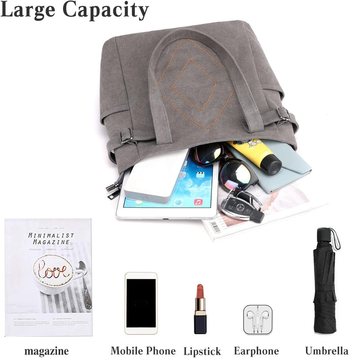 PORRASSO Damen Schultertasche Canvas Tote Bag Handtasche Mädchen Praktische Henkeltasche für Schule