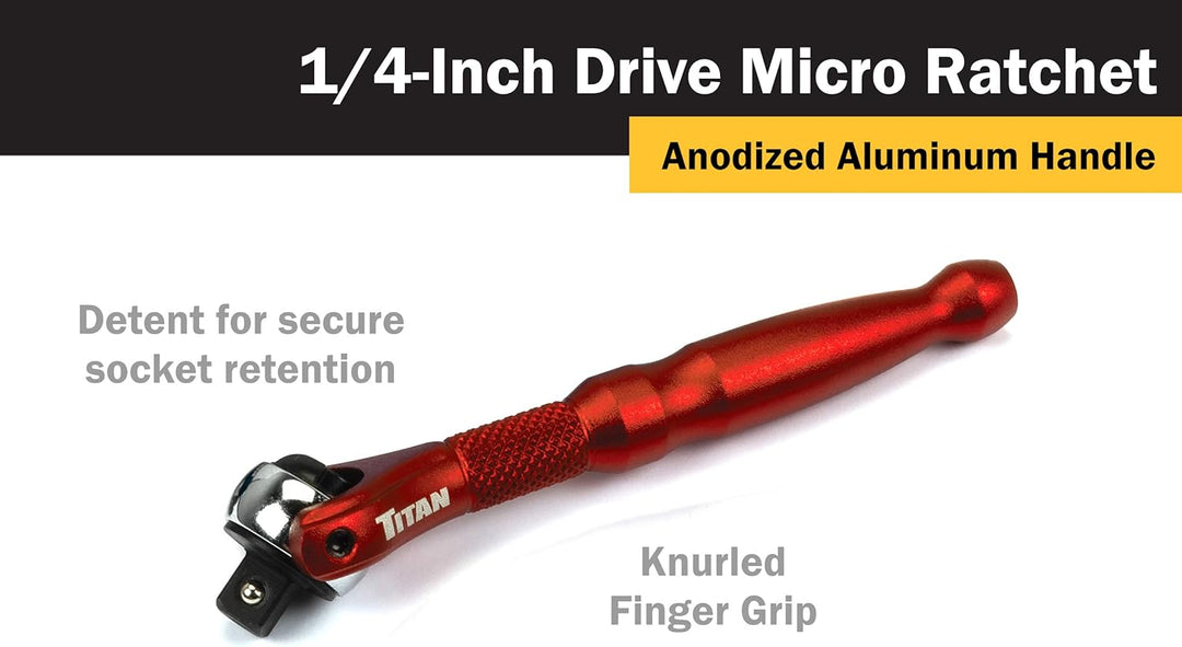 Titan 11320 1/4 Zoll Antrieb x 4 Zoll 90 Zähne Schwenkkopf Micro Ratsche – Rot Drehgelenk, Rot, Dreh
