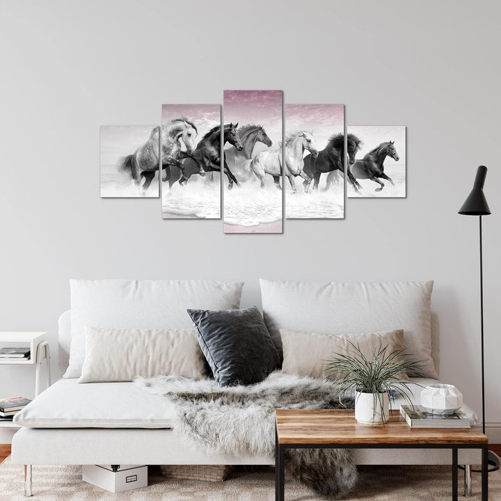 Runa Art Wandbilder Pferde 5 Teilig Bild auf Vlies Leinwand Deko Wohnzimmer Schlafzimmer Tiere Grau