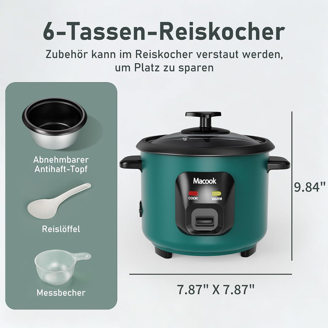 0.6 L Mini-Reiskocher 3-Tassen ungekocht, Macook Tragbarer Antihaft-Reis-Kocher, 15 Minuten schnelle