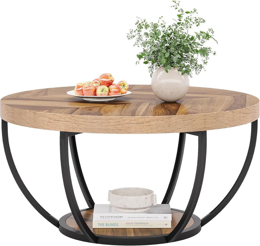 Tribesigns Runde Couchtisch, Industrial 2-Tier-Kreis Couchtisch mit Lagerung Regale, Moderne hölzern