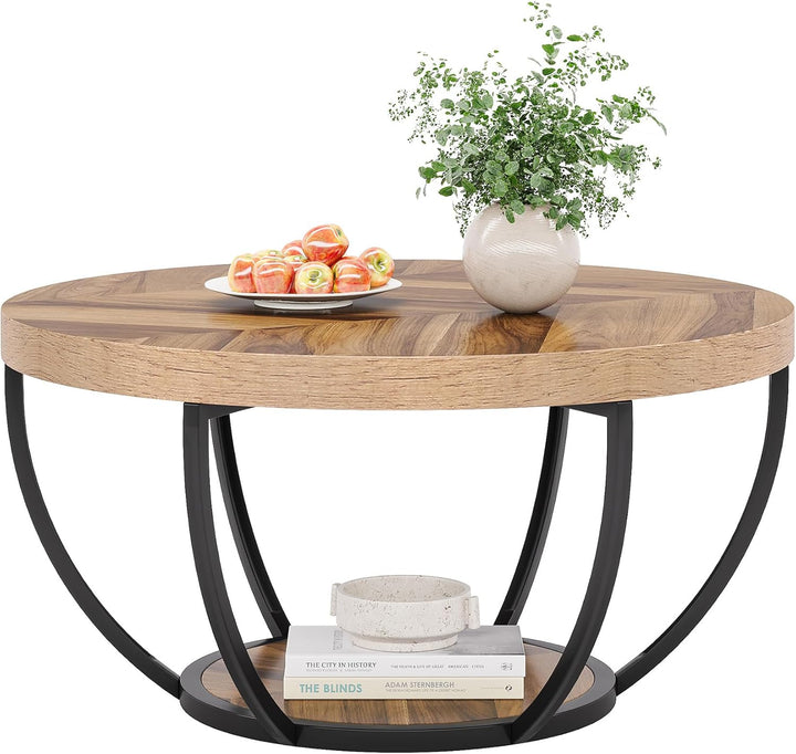 Tribesigns Runde Couchtisch, Industrial 2-Tier-Kreis Couchtisch mit Lagerung Regale, Moderne hölzern