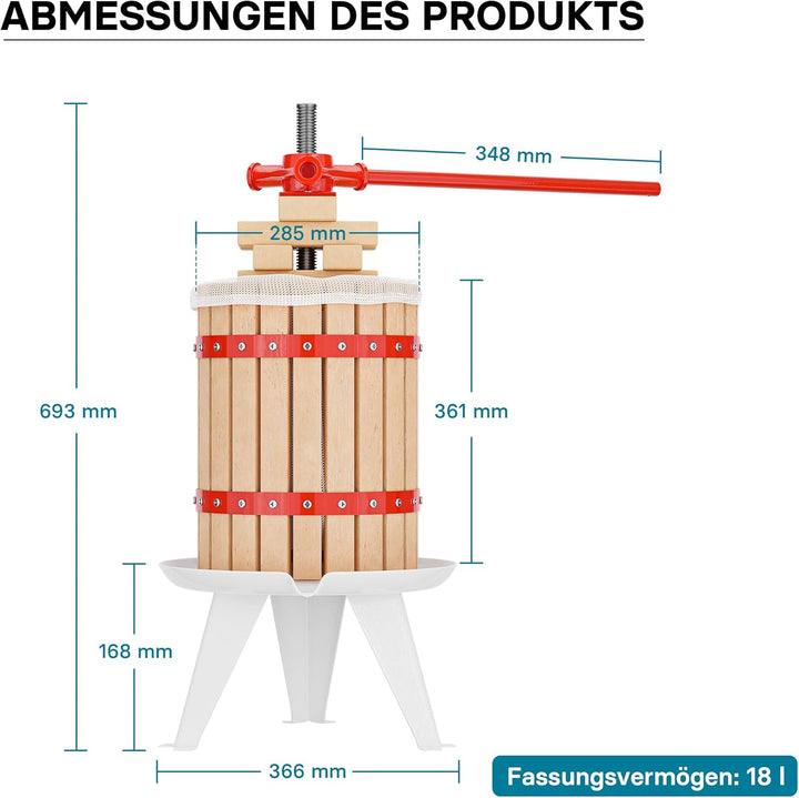 Wiltec 18L Obstpresse aus Buchenholz inkl. Presstuch, manuelle Weinpresse mit 280x365mm Korb, Apfelp