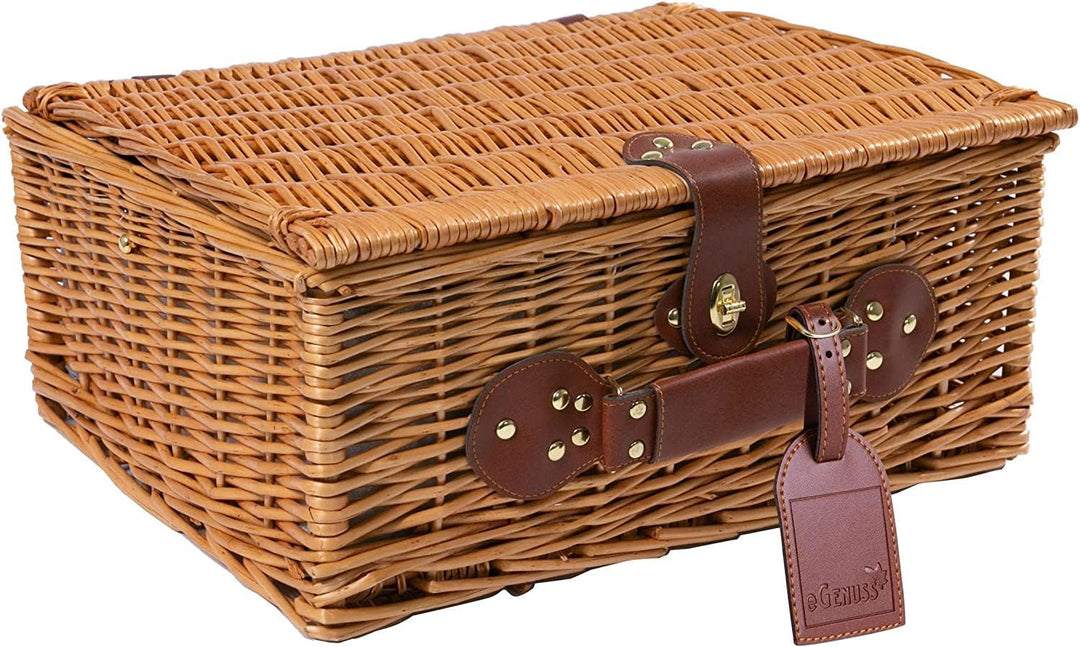 2 Handgefertigte Picknickkörbe für 4 Personen mit Kühlfach, Edelstahlbesteck, Porzellanteller, Weing