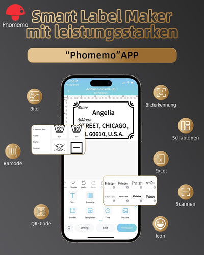 Phomemo M220 Etikettendrucker Beschriftungsgerät, Thermo Bluetooth Tragbarer Etikettenhersteller, Ak