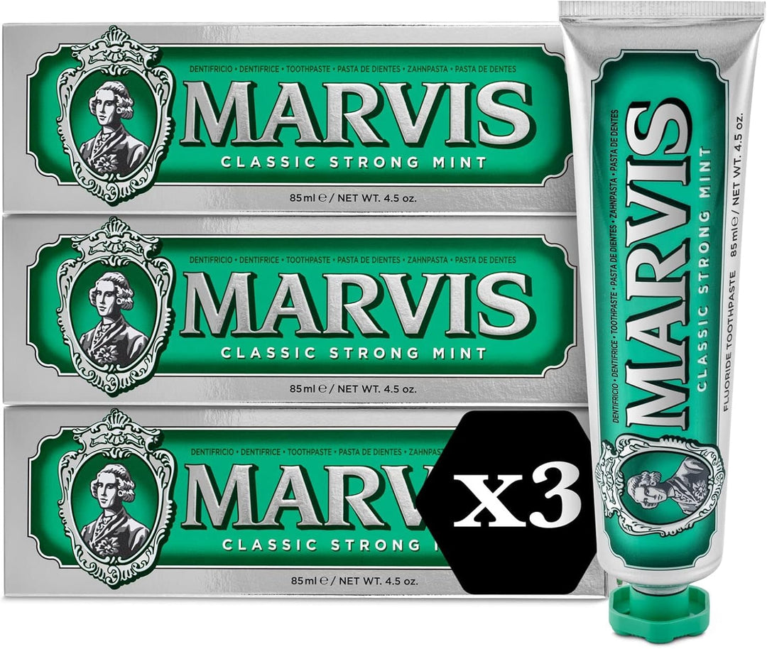 Marvis Classic Strong Mint Zahnpasta, 3 × 85 ml, Zahnpasta mit Geschmacks-Erlebnis-Garantie für bele