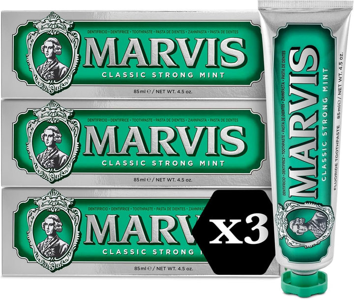 Marvis Classic Strong Mint Zahnpasta, 3 × 85 ml, Zahnpasta mit Geschmacks-Erlebnis-Garantie für bele