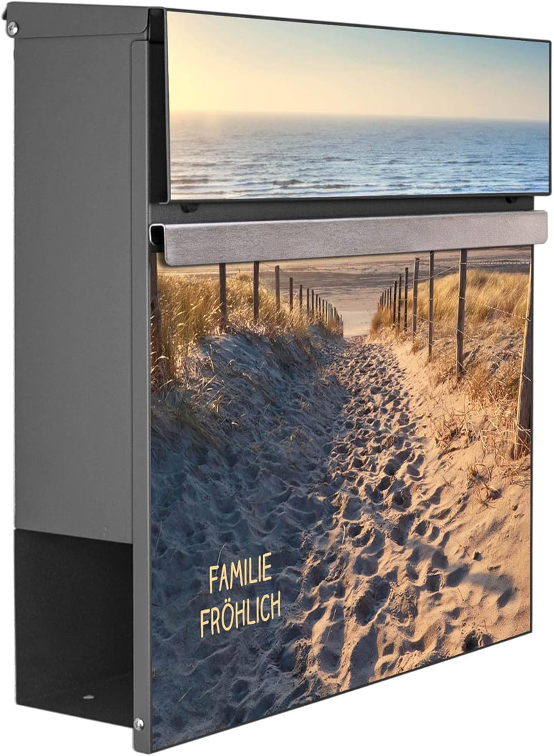 banjado® Briefkasten personalisiert Anthrazit mit Motiv Nordseestrand/Briefkasten mit Zeitungsfach 3