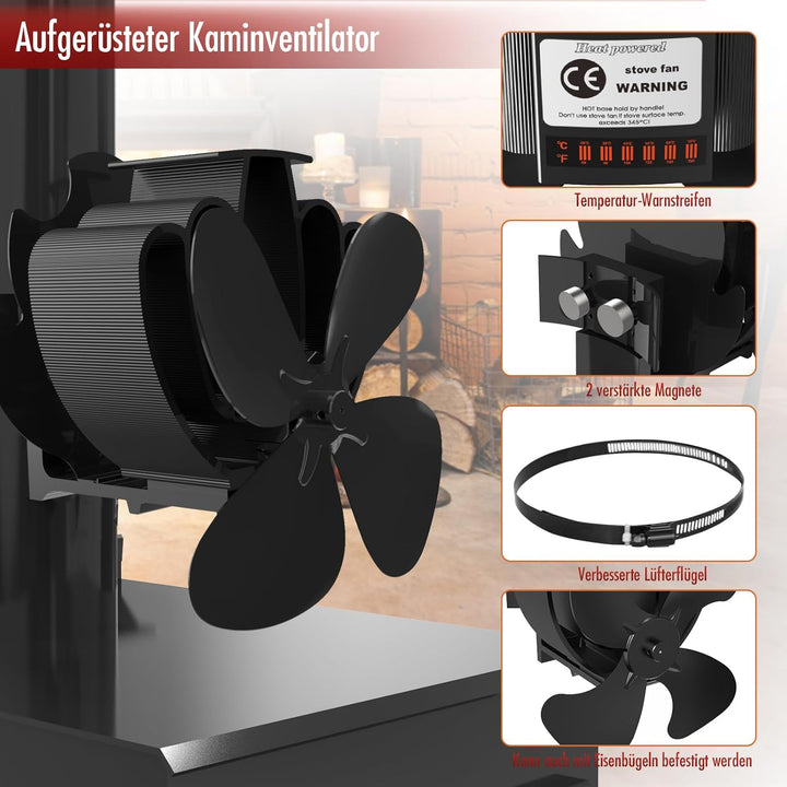 Kaminventilator für Kamin Holzöfen Öfen, 4 Flügel Magnetisch Ofenventilator für, Magnetisch
