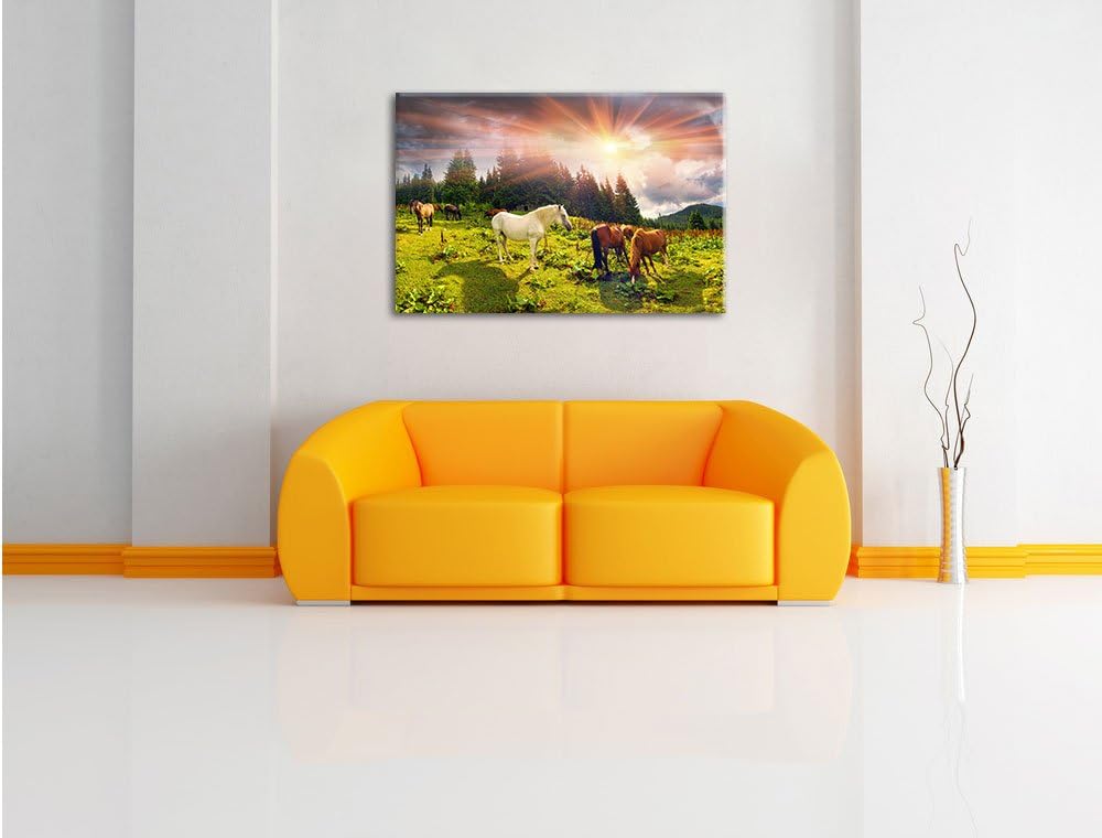 Pixxprint Mustangs Pferde auf den Bergen als Leinwandbild/Grösse: 100x70 cm/Wandbild/Kunstdruck/fert