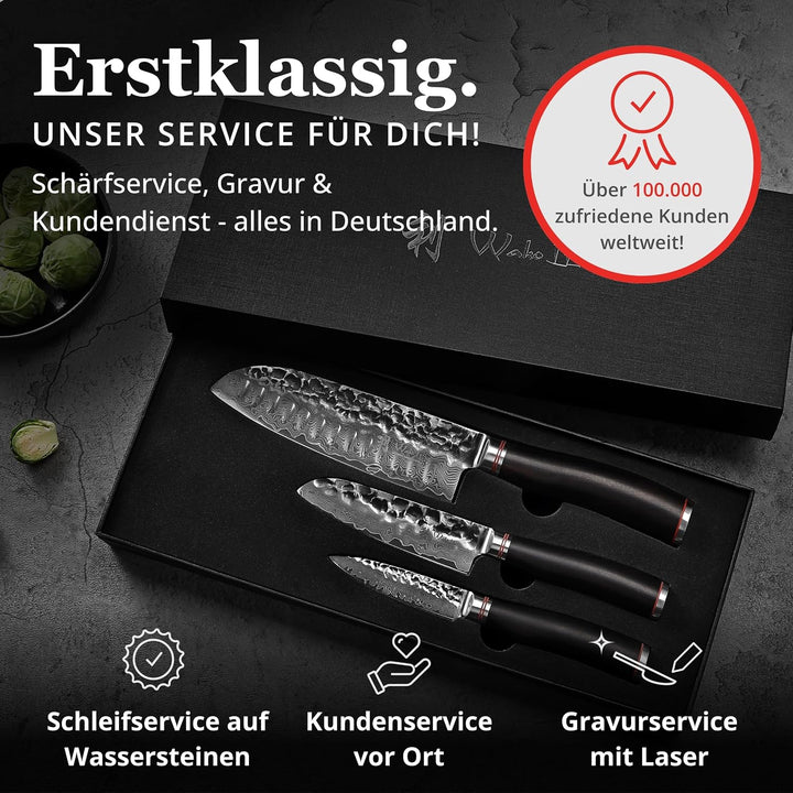 Wakoli Ebo 3er Damastmesser Set mit 9-18cm Klingen mit Hammerschlag gefertigt aus 67 Lagen echtem Da